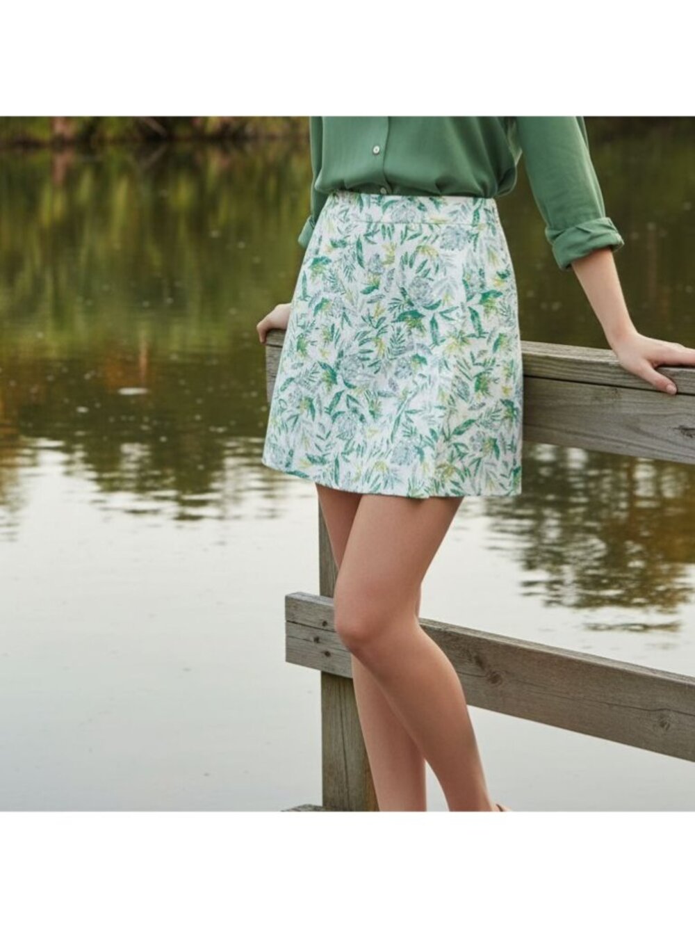 Ellen Tracy L Skort Linen Blend Skirt Shorts Tropical Palm Pull-on Elastic Waist